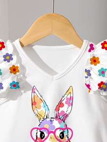 1pc Young Girl Easter Rabbit Print Flutter Sleeve V-Neck T-Shirt - Multicolor - View 3