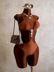 Swim Chiccia 女士连体泳衣，性感休闲度假简约优雅镂空纯色吊带连体泳装，春夏款 - 棕色 - 查看 5