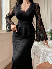 DAZY 女士优雅蕾丝V领喇叭袖上衣和半裙两件套，夏季 - 黑色 - 查看 6