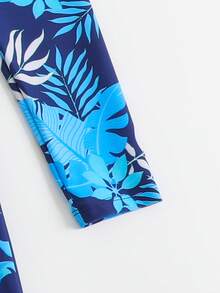 SHEIN 男童泳衣，蓝色热带印花针织面料长袖拉链连体泳衣，含泳帽，休闲男童泳装，适合游泳、暑假、海滩、泳池、节日派对等场合。 - 藍色 - 查看 7