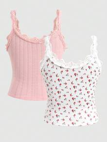 SHEIN Tween Girl Fitted Casual Comfortable Lace Trim 2 Pieces Camisole Set Cute Tops Ribbed Tops Lace Trim Tops - Multicolor - View 2