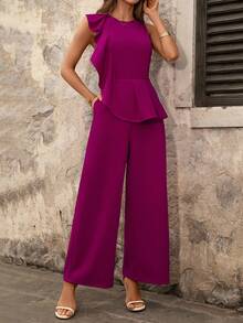 Ellevyn Women's Asymmetrical Ruffle Hem Elegant Sleeveless Jumpsuit, Purple-Red - Red Violet - View 9