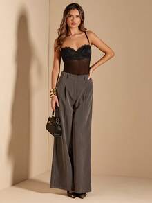 SHEIN BAE Black Lace Cup Splice Mesh Camisole, Black Bodysuit, Elegant Bodysuit - Black - View 4