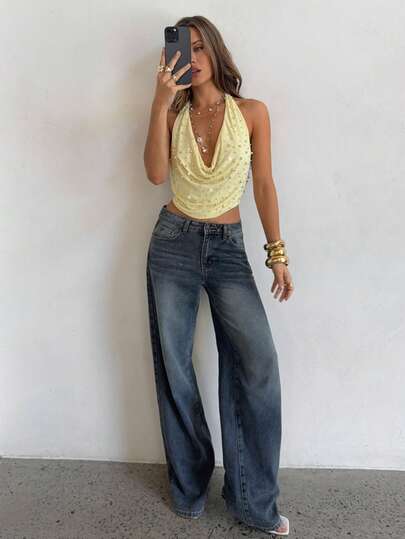 Aloruh Elegant Backless Yellow Vacation Camisole, Sexy Y2K Music Festival Top