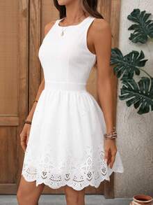 EMERY ROSE Women's Hollow Out Embroidery Round Neck Casual Sleeveless Mini Dress, Suitable For Vacation - Multicolor - View 5