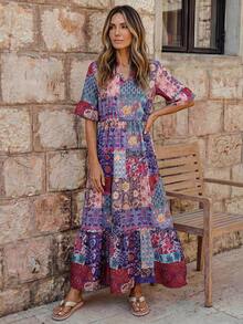 Faunlyn Women's Patchwork Pattern V-Neck Ruffle Hem Dress, Vacation Style - Multicolor - View 6