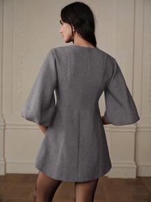 BELROSIE Women's Round Neck Single-Breasted Commuting Lantern Sleeve Dress - Grey - View 6