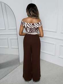 Slaydiva Brown Striped Summer Elegant Night Out Women's Jumpsuit,One-Shoulder Zebra Pattern Patchwork Wide-Leg Pants,Bow Tie Waist Casual Party Office Outfits - Brown - View 4