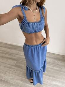 Sunnyshic Women's Casual Vacation Denim Crop Top And Mini Skirt Set - Blue - View 8