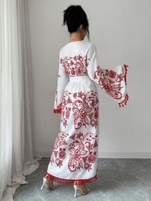Elenzga Eastern European Retro Print Red & White Contrast Fringe Trim V-Neck Cinched Waist Maxi Dress, Vacation Style - Red and White - View 2