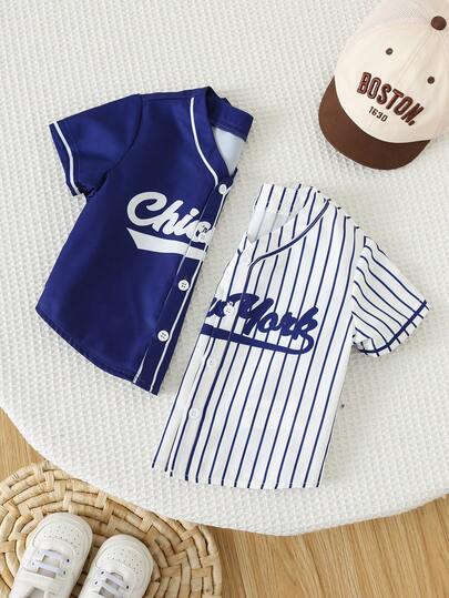 SHEIN Bộ 2 món đồ thời trang thể thao dễ thương cho bé trai, áo khoác bóng chày tay ngắn, áo thun ngắn tay, quần áo đường phố cho bé, mùa xuân/hè.