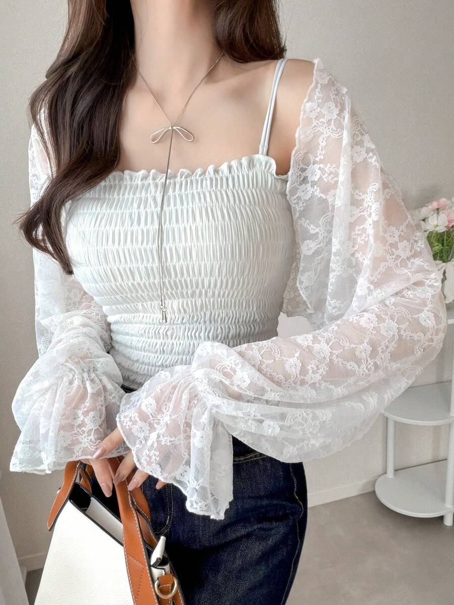 FRIFUL 女士纯色透视前开襟露脐蕾丝长袖上衣,波西米亚风度假装扮 - 白色 - 查看 1