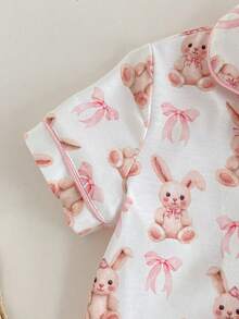 Loomiva Toddler Girls' Cartoon Rabbit Pattern Silk Pajamas,White And Pink Summer Cute Night Soft Short Sleeve Cardigan And Elastic Waist Shorts 2 Pieces Set - Baby Pink - View 5