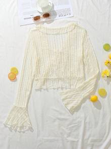 K-Vae Women's Summer New Lace Sunscreen Cover Up, Short Tie-Front Ruffle Flare Sleeve Sheer Cover Up Thin Jacket - Apricot - View 2