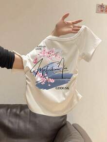 Resyla Camiseta de mujer con estampado de estilo oriental de sakura y paisaje, con cintura fruncida y manga corta descubierta de los hombros - Blanco - Ver 3