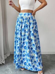 Elenzga Romantic Floral Print High Waist Pleated A-Line Maxi Skirt, Elegant Casual Vacation Dress, Fashion Blue Printed Long Skirt - Blue - View 4