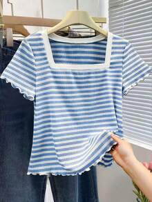 Resyla Women's Ribbed Square Neck Short Sleeve Casual Ribbed T-Shirt - Blue and White - View 5