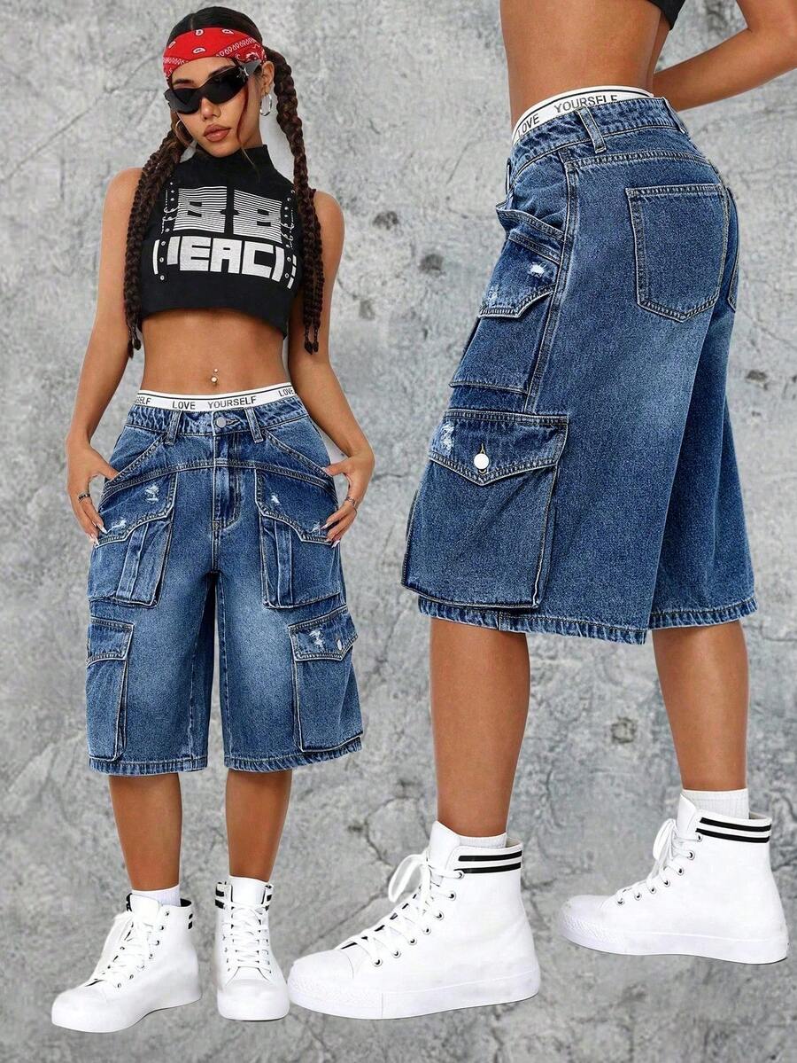 SHEIN ICON Quần short denim ống rộng, dáng rộng, chất liệu denim mài, thích hợp mặc thường ngày cho nữ. - Rửa tối - Xem 1