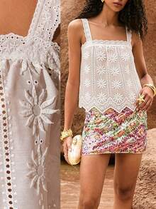 Poéselle Blusa casual versatile da donna con ricamo floreale, adatta per festival musicali estivi, appuntamenti, vacanze, spiaggia e resort - Bianco - Visualizzare 1