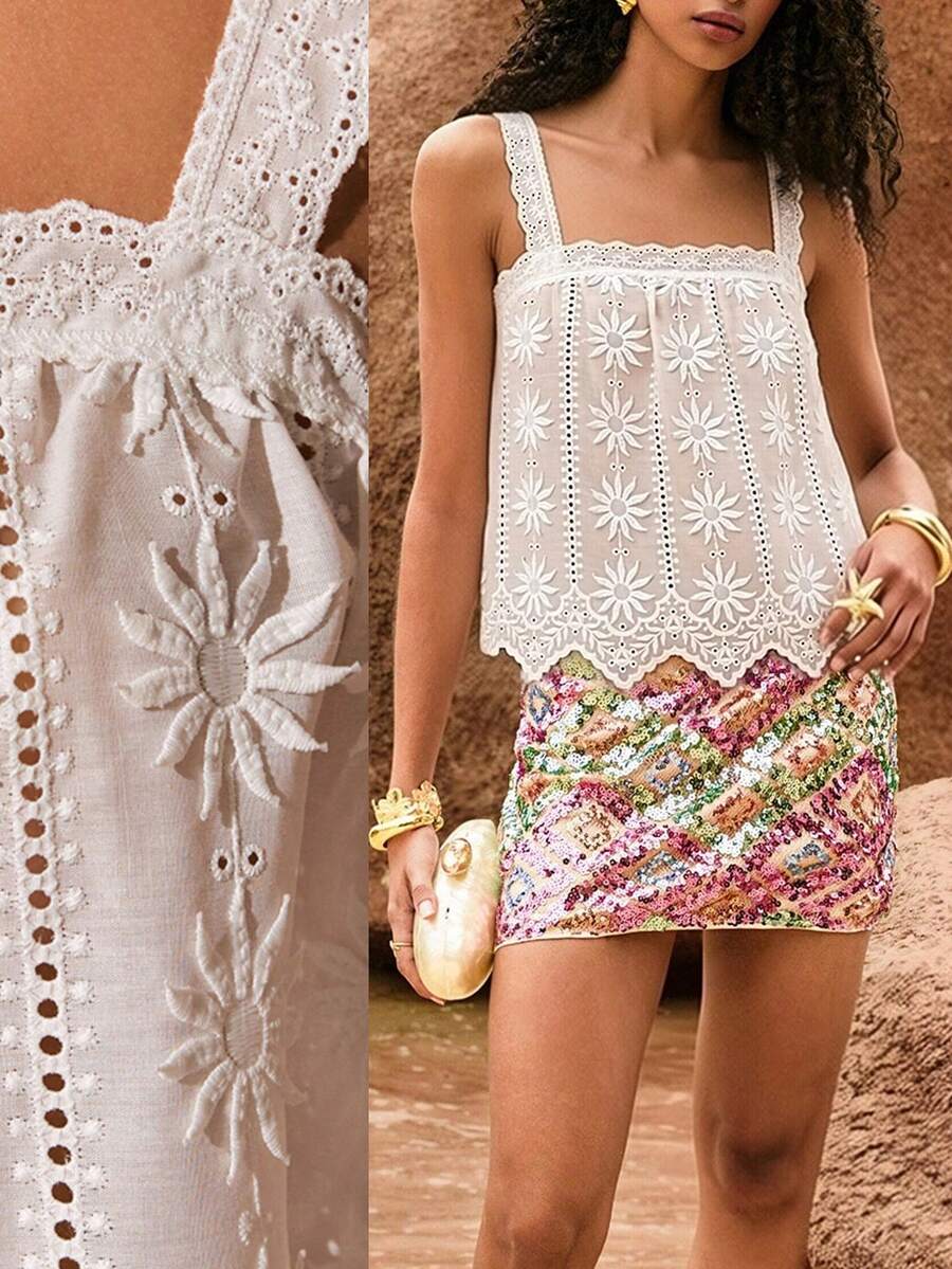 Poéselle Blusa casual versatile da donna con ricamo floreale, adatta per festival musicali estivi, appuntamenti, vacanze, spiaggia e resort - Bianco - Visualizzare 1