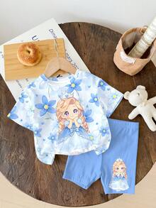 SHEIN Cute Blue Floral Print, Cartoon Frozen Snow Queen Princess Print, Sisterly Matching Set, Baby Girl Casual Loose Round Neck Short Sleeve T-Shirt And Skinny Bike Shorts Set, Suitable For Spring And Summer - Multicolor - View 2