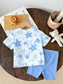 SHEIN Cute Blue Floral Print, Cartoon Frozen Snow Queen Princess Print, Sisterly Matching Set, Baby Girl Casual Loose Round Neck Short Sleeve T-Shirt And Skinny Bike Shorts Set, Suitable For Spring And Summer - Multicolor - View 3