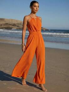 Gownix Damen eleganter orangefarbener Romper mit Holzperlen-Knopfverzierung, strukturierter Streifenoptik, Überschneidung und Bindegürtel, gerade Beinform, geeignet für Urlaub, Pendeln, Dates, Ausflüge, vielseitig tragbar, Boho-Romper für Damen, orangefarbener Romper für Damen, rückenfreier Romper orange, Damen-Romper orange, Damen-Romper mit Trägerhals, orangefarbener Urlaubsoutfit, Urlaubsoutfits für Damen, Romper für Urlaub, Strandoutfits für Damen, Strandanzug für Damen, Urlaubsoutfit für Damen, ärmelloser Romper für Damen, Damen-Romper - Orange - Übersicht 10