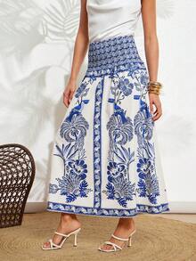 Amorya 女士波西米亚风印花A字裙，蓝白印花休闲度假装，春夏款 - 藍白色 - 查看 8