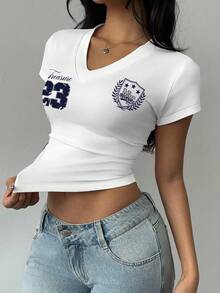 Attitoon 大码休闲简约数字印花V领短袖T恤 - 白色 - 查看 1