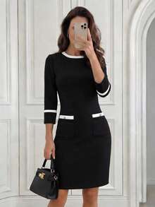 EMERY ROSE Women's Elegant Commuter Color Block Trim Fitted Mid-Length Dress - Black and White - View 8