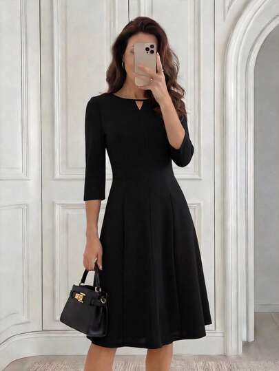 Miaspire 女士优雅纯色圆领七分袖中长连衣裙