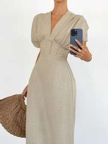 Siren Gaze Đầm nữ cổ chữ V sâu, eo nhún, kiểu dáng thường ngày, thích hợp đi biển. - Màu be - Xem 5