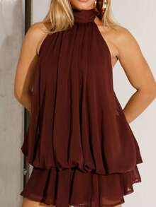 BiaLiraa Women's Texture Chiffon Elegant Brown Halter Tie Mini Dress,Women Dating Dress,Women Night Out Dress,Summer Dresses For Women, Honeymoon Outfits Woman .Women Wedding Guest Dress. Island Vacation Outfits,Wedding Guest Dress Women ,Sun Dresses For Women ,Elegant Dresses For Party, Birthday Dresses For Women - Chocolate Brown - View 3