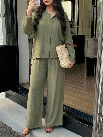 Veilorie Women's Casual Solid Colo Button-Front Long Sleeve Shirt And Pants Set Olive Green Outfit Women 2 Piece Casual Sets Woman Comfortable Two Piece Set Pant Suit Set Holiday Outfits Vacation Outfits Women