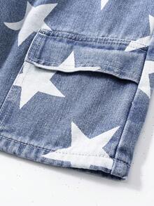 Tween Boys Denim Shorts,Blue And White Striped,Summer,Casual,City Break,Cotton Washed Star Print Multi-Pocket Elastic Waist Wide Leg Cargo Shorts - Blue - View 8