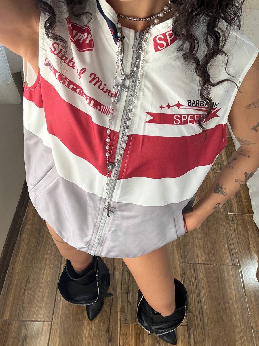 StreetHx 街头风女款无袖夹克，饰有赛车字母图案印花 - 灰色 - 查看 1