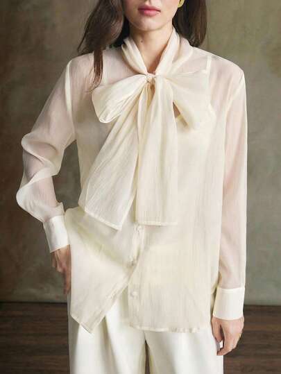Ontre 2026ss Women's Vintage White Comfortable Semi-Sheer Organza Fabric Loose Fit Small Stand Collar Drop Shoulder Long Sleeve Shirt, Comfortable Spaghetti Strap And Decorative Ribbon, Modern Elegant Wedding Guest Attire, Minimalist Romantic French Chic Luxurious Urban Fashion, Office Wear, Low-Key Old Money Vibe, High-End Airport, Cruise Ship, Middle East Essential, High-Quality Versatile Seasonal Women Top, Wedding Series Valentine's Day Special Design High-End, Elegant, Old-Fashioned