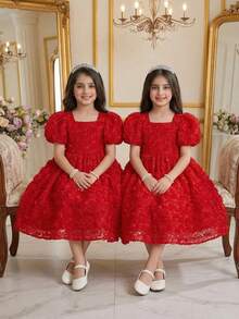 SHEIN Red Floral 3D Rose Flower Decor Dress, Summer Elegant Wedding Guest A-Line V-Neck Short Sleeve Tween Girl Formal Party Outfits For Birthdays - Red - View 11