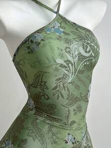 Elamini Y2K复古岛屿度假印花不对称下摆露背迷你连衣裙 - 綠色 - 查看 3