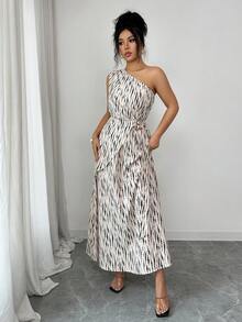 Elenzga 女士梭织露肩印花度假长裙 - 杏色 - 查看 5