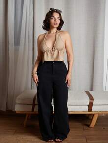 Lupita Cardoza Pantalones vaqueros casuales y versátiles de pierna ancha y bolsillos para mujer - Negro - Ver 5