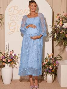 Loomaby Elegante vestido de maternidad de malla bordada con flores para fiesta - Celeste - Ver 4