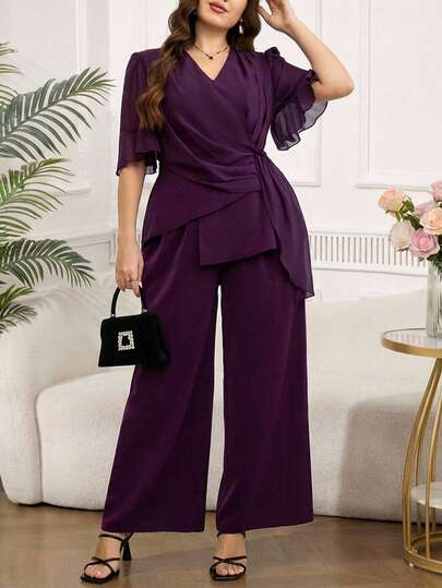 SHEIN Clasi Plus Size Women's Solid Color V-Neck Ruffle Short Sleeve Blouse And Wide Leg Pants Elegant 2-Piece Set, Summer Clothes,Summer Outfits For Women,Spring Break Outfits, Spring Women,Weddings & Events, Graduation Outfit For Mother, Graduation Ceremony, Vacation Outfits Women,Holiday Outfits For Women,Summer Holiday Outfits,Summer Vacation Outfits,Casual Dresses For Women, Casual Long Dress,Casual Sets For Women, Luxury Women's Two-Piece Set, Luxury Dresses,Formal For Women, Women's Social,Women's Formal Wear,Mother Of The Bride Dress Plus Size  Mother Of The Bride Jumpsuit Plus Size Purple Wedding Guest Outfit