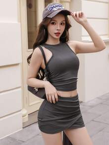 K-Vae 女士性感休闲约会套装，露脐背心搭配不规则下摆紧身迷你裙，罗纹针织面料，侧边褶皱设计，百搭日常穿搭，春夏必备 - 深灰色 - 查看 3