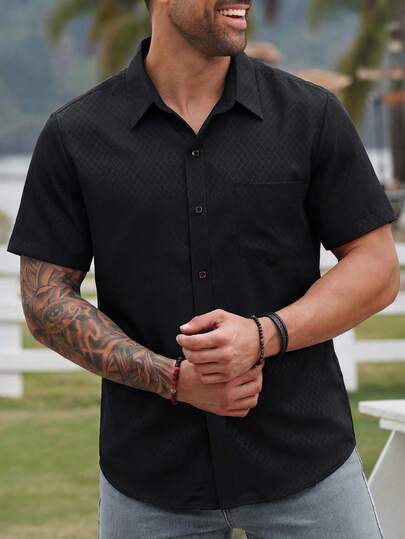 Manfinity Homme 男士加大码纯色单排扣休闲口袋短袖衬衫