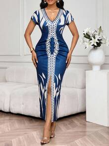 SHEIN Lady Women's Geometric Print V-Neck Short Sleeve Split Hem Fitted Elegant Dress - Multicolor - View 4