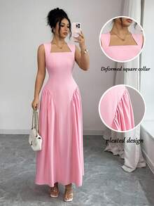 Elenzga 优雅无袖A字连衣裙，腰部褶皱设计，裙摆呈喇叭形，适合休闲、派对、度假、婚礼等各种场合，时尚粉色连衣裙 - 粉色 - 查看 1