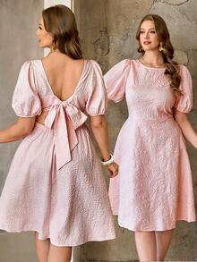 Roveilla Plus Size Baby Pink Textured Backless Tie A-Line Dress For Summer,Elegant Wedding Ninang Bridal Shower Brunch Puff Sleeve Dresses For Women - Pink - View 1
