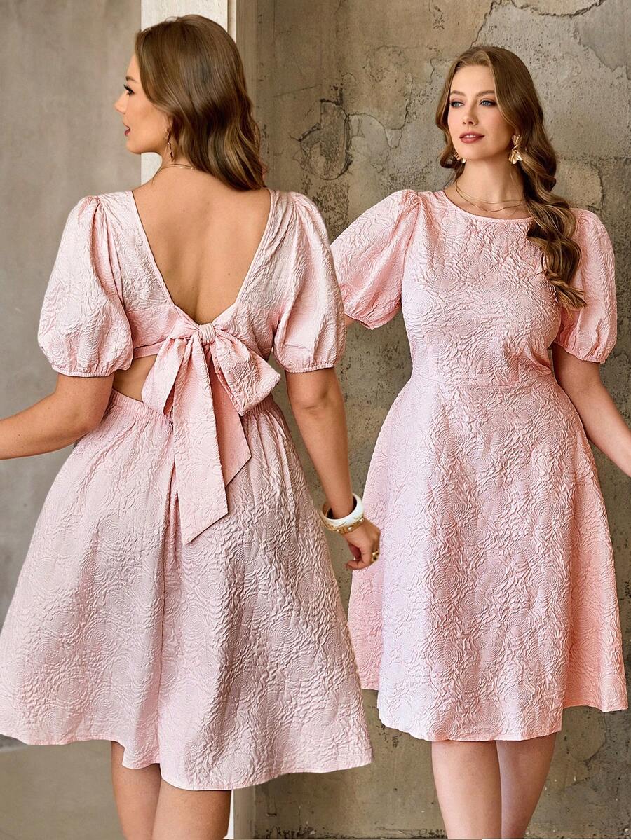 Roveilla Plus Size Baby Pink Textured Backless Tie A-Line Dress For Summer,Elegant Wedding Ninang Bridal Shower Brunch Puff Sleeve Dresses For Women - Pink - View 1