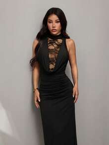 SHEIN PETITE Đầm ren tương phản cổ chữ V xẻ sâu gợi cảm, thanh lịch dành cho nữ, thích hợp cho tiệc tùng và hẹn hò, mùa xuân/hè. - màu đen - Xem 6